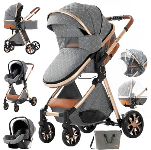 MoLi Kinderwagen 3 in 1, Kinderwagen mit Umkehrbarem Doppelschiebemodus, Buggy mit Großer Bequemer Babywanne, Kombikinderwagen 3 in 1 Rahmen Aluminiumlegierung Faltbar Hohe Landschaft (225 Grey)