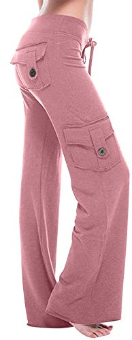 AMhomely Bootcut Trousers for Women Work Stretch Yoga Pants with Pocket Straigh Wide Leg Jogging Pants Drawstring Tracksuit Bottoms Gym Running Leggings Solid Comfy Activewear Trousers Pink L