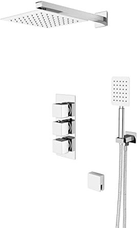 Olive Square 3 Way Concealed Thermostatic Shower Mixer Valve, Shower Head, Handheld, Bath Filler Set Chrome