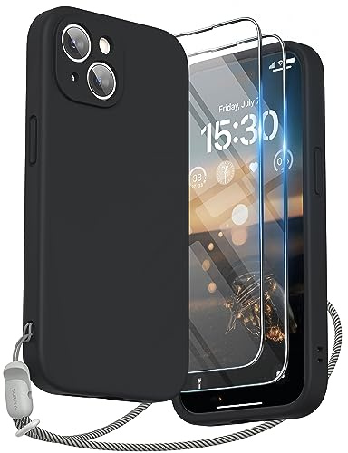 SURPHY Design for iPhone 15 Case, Liquid Silicone Protection for Each Lens [2 x Screen Protectors & 1 x Lanyard] Shockproof Cover for iPhone 15 6.1 inch 2023, Black