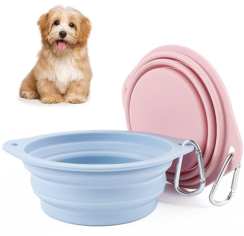 Lot de 2 bols de voyage pliables en silicone anti-fuite pour chien - Pour les déplacements et les animaux domestiques - Pour l'eau et la nourriture (rose, bleu)
