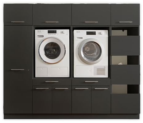 Laundreezy 2X Waschmaschinenschrank, Wäscheschrank, Mehrzweckschrank und 4X Schrankaufsatz, Anthrazit - Waschmaschinen-Überbauschrank TÜV-Zertifiziert mit viel Stauraum - 235 x 200 x 67,5 cm (B/H/T)