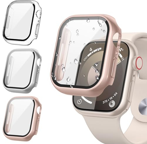 [3Piezas] Kamita Funda para Apple Watch Serie 9/8/7 41mm con 9H Protector de Pantalla Cristal Templado, PC Bumper Case Protectora Integral Carcasa para iWatch9 iWatch8 iWatch7 (Claro+Plata+Oro Rosa)