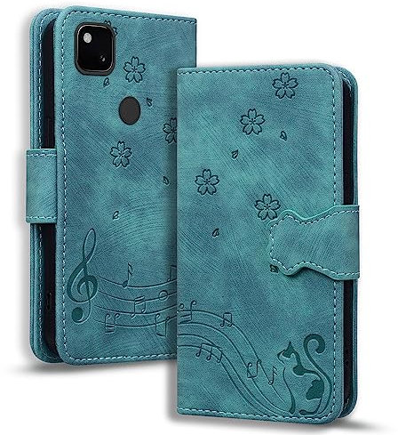TEDTIKJT Premium PU Leder Klapphülle für Google Pixel 4a - Flip Wallet Case mit Ständer, Kartenfächer, Magnetverschluss - Schutzhülle in Grün mit Katzen-Design