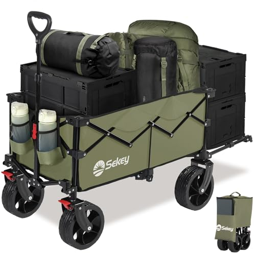 Sekey XXL Bollerwagen Faltbar mit Erweiterbarer Heckklappe 135L & 200L, Faltbarer Bollerwagen Klappbar Angelwagen Zusammenfaltbar aus Vier Richtungen bis 150KG, Flexi 4019, Olivgrün