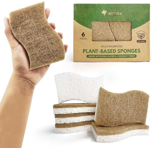 AIRNEX Paquete de 6 esponjas de cocina naturales, de celulosa y cáscara de coco, sin olor, sin arañazos, de nogal, respetuosas con el medio ambiente, de secado rápido, para lavar platos