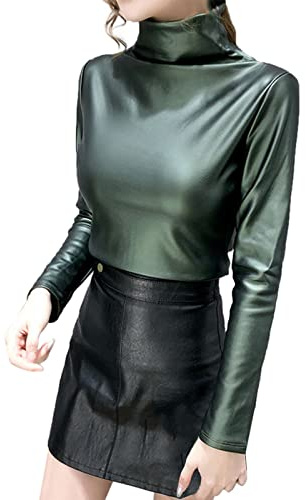 Damen T-Shirt Mit Rollkragen Solide Frauen Rucksack-Ärmel Lederbluse lässige Hemden Towns Lange feine Frauen-Bluse Damen Shirt Schwarz