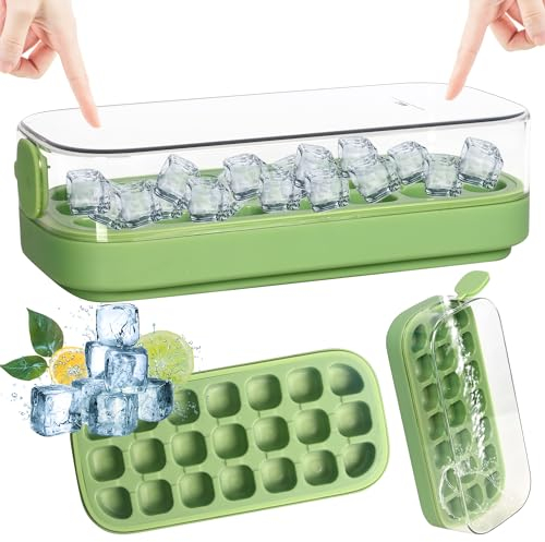 LYDTICK Ice Cube Tray with Lid and Bin, 21 Pcs Ice Cubes Mold for Freezer Easy Release, Quick Filling Without Touching, Green