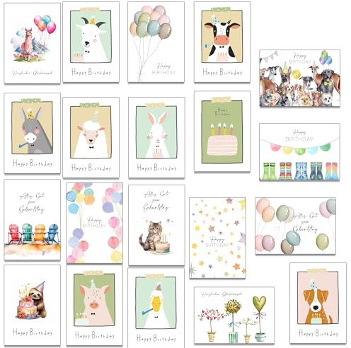 the lazy panda card company Set bestehend aus 20 Geburtstagskarten für alle Altersgruppen - Kein Design zweimal - Inklusive 20 Briefumschläge aus Recyclingpapier Mixed LPGB20