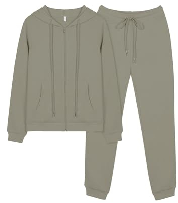 REORIA Damen Trainingsanzüge Warm Baumwolle Hausanzug Dicker Jogginganzug Set Langarmes Activewear Workout Set Sport Outfit Kapuzenpullover und lange Hose Grau Grün L