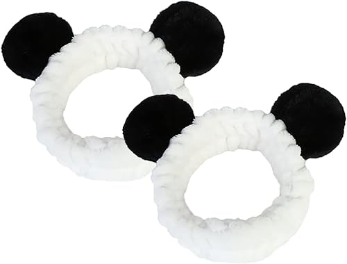 Panda Ohren Stirnband Gesichtswasch Spa Haarbänder Make up Stirnbänder Damen Cartoon Niedlich Korallen Fleece Elastisches Kreativ Haar Accessoire Dusche Schönheit Geschenk (2PCS)