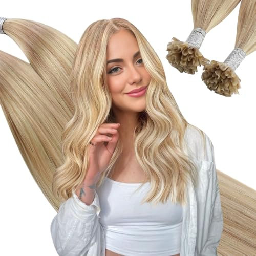 Ugeat Bondings Extensions Echthaar 50 cm Blond Keratin Echthaar Extensions bondings Goldblond Haarverlängerung U Tip für Party 50S 50G #16/22