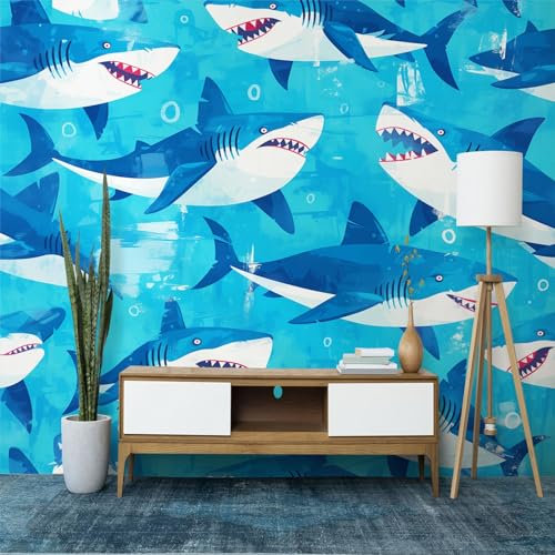 Wandtapete Ozean Cartoon Tier Hai Fototapete, Blau Vliestapete Bild Dekoration Wand-Dekor, 200x140 cm (B x H) Tapete Panorama Poster für Mädchen, Jungs Schlafzimmer Wohnzimmer