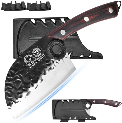 XYJ Coltello da cucina, mannaia nera in acciaio ad alto tenore di carbonio, coltello da macellaio serbo forgiato a mano da 4,5 pollici, coltello da taglio per carne con fodero per il campeggio