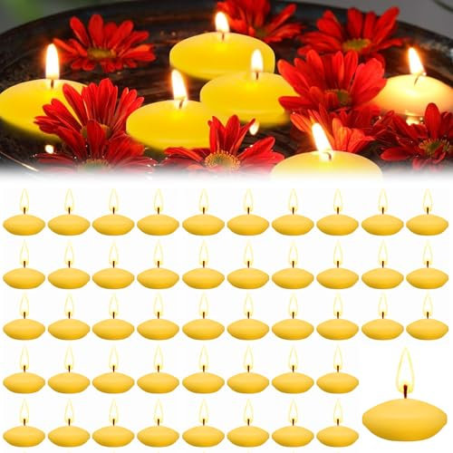 Hengrongshen 50 Piezas Velas Flotantes para Agua Amarillo, 3,5 CM Velas Flotantes Sin Perfume, Humo y Goteo, Velas Flotantes para Piscina, San Valentín, Bodas, Vacaciones, Fiestas (Amarillo)