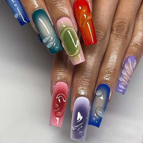 Yeomju 24 pièces longues Press on Nails en forme de cercueil, Faux ongles 3D avec colle, Ongles de ballerine colorés,Press ons couverture complète, Faux ongles accessoires, Ongles brillants