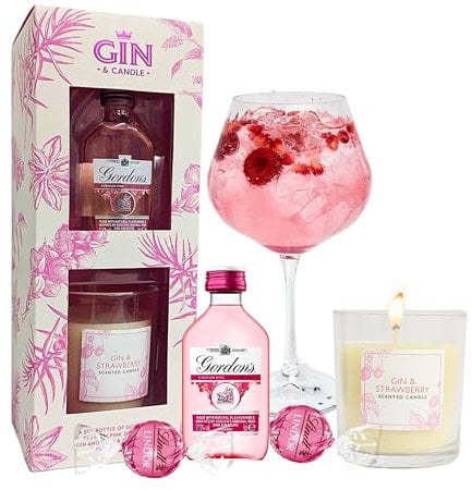 Pink Gin & Candle Gifts for Women - Flavoured Gin 5cl Miniature Alcohol Bottles, Scented Candle & 2 x Strawberry Chocolate Truffles. Alcohol Gift Set for Christmas Gifts, Stocking Fillers
