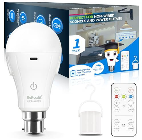 BoRccdit CordlessGlow Rechargeable Light Bulb B22 Bayonet with Remote, 15W 60W Eq. LED, 3-Color + 10%-100% Dimmable + 24-Hour Long Lasting + USB Rechargeable Light Bulbs, LED Battery Light Bulb 1PK