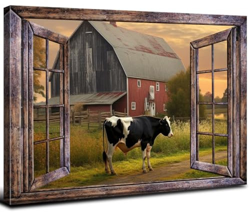 Leinwandbild, Motiv: Bauernhaus, rote Scheune, Fenster-Stil, Kuhbild für Wohnzimmer, rustikales Bauernhoftier-Wanddekoration, Badezimmer, Landschaft, Poster, gerahmtes Kunstwerk, Schlafzimmer