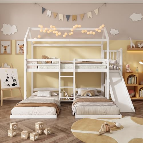 Dreierbett für 3 Kinder, Hausbett Kinderbett 90x200 cm, Dreifaches Etagenbett mit Rutsche, Offenes Regal und Leiter, Holzbett Jugendbett Hochbett mit Lattenrost und Rausfallschutz, Kiefer+MDF, Weiß