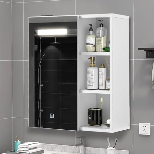 ZBAOLTO Spiegelschrank Bad mit Beleuchtung, Badschrank mit Spiegel mit 3 Offenes Ablagen, Badezimmerschrank mit LED Beleuchtung, Spiegelschrank Bad mit Verstellbarer Ablagen Weiß
