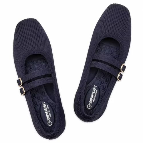 Frank Mully Damen-Ballerinas mit eckiger Spitze, Mary-Jane-Schuhe, Ballerinas mit Riemchen, bequeme Slipper aus Strick, elegant-leger