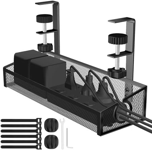 Under Desk Cable Management Tray Black, No Drill Desk Cable Tidy, Desk Wire Organiser Rack Metal Mesh Table Cord Basket for Office and Home Standing Desk, 1 Pack