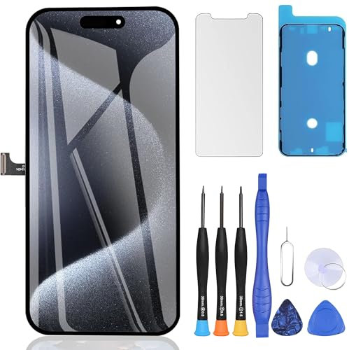 ZOETEC Bildschirm-Ersatz für iPhone 15 Pro Display 6,1 Zoll LCD Full HD Retina COF Touchscreen Digitizer Rahmen Montage mit Reparaturwerkzeug-Kits, wasserdichter Klebstoff, gehärtetes Glas