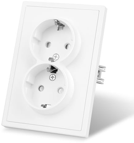 CNBINGO Enchufe doble mate con garras tensoras – Enchufe Schuko doble empotrado – Enchufe de pared con protección de contacto – Placas de plástico con tacto – 80 mm x 118 mm – Blanco