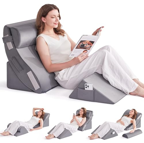 4 Pieces Orthopaedic Bed Wedge Pillow Set for Sleeping, Post-Surgery Foam Pillow for Body, Back and Legs Pain Relief, Triangle Adjustable Support Pillow with Acid Reflux Sleeping Pillow,Full Grey