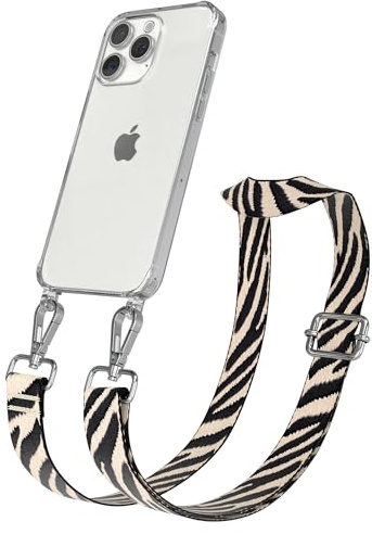 EAZY CASE Handykette - Verstellbares Taschenband kompatibel mit iPhone 15 Pro Max, Schulterriemen, Handykordel mit Silikon Hülle, Umhängetasche, Zebra - Schwarz Beige Silber
