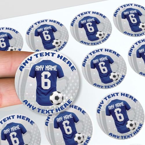 Personalised Football Stickers, Jersey Design 45mm, with Any Text, Name and Number for Decorating Party Bags, Sweet Cones, Cake Boxes, Beer Bottles (Chelsea Colours, 24 Pack)