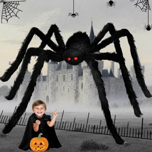 QTUN 200cm Riesige Spinnen Halloween Deko, Schwarze Große Realistische Haarige Spinne mit Roten Augen Deko für Außen Innen Party, Garten, Spukhäuser
