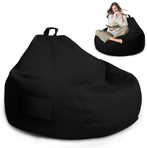 Sitzsack Bezug für Kinder und Erwachsene, Sitzsack Ohne Füllung(Schwarz) | 100x120CM Nur Bezug (Keine Füllung), Sofaüberwurf für Bohnensäcke mit Reißverschluss für Outdoor Living Room Decor