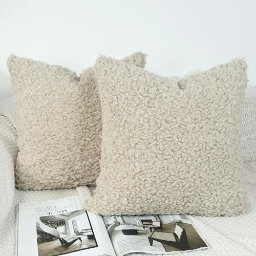 OYIMUA Weich Flauschig Deko Kissenbezug 50x50 Beige 2er Set | Bouclé Sherpa Sofakissen,Dekokissen Couchkissen Plüsch Kissen,Wohnzimmer Schlafzimmer Deko Kissenhülle