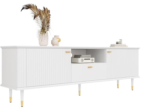 VSOGA Meuble TV avec compartiments ouverts et tiroirs, surface structurée laquée, charnières à fermeture douce, meuble bas moderne pour le salon