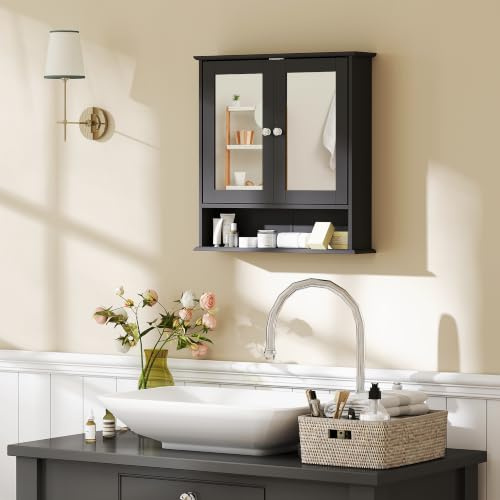 kleankin Armario de Baño con Espejo 2 Puertas 56x13x58 cm Negro | Estantes Abiertos, Mueble de Baño Colgar, para Cocina, Salón