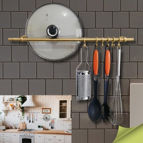 parpyon Porta Utensili da Cucina con Ganci, Barra Portautensili Cucina in Alluminio Porta Mestoli da Cucina per Gadget da Cucina Coperchio Mestolo (Oro Satinato, CM 40)