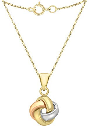 CARISSIMA Women's 9 ct 3 Colour Gold Polished 4 Way Knot Pendant on Curb Chain of Length 46 cm/18 inch