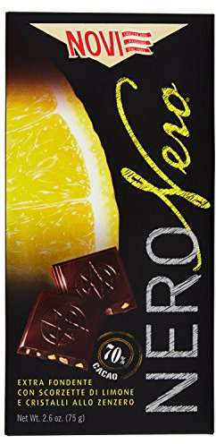 Novi Chocolat noir extra fondant avec Scorzettes de citron et cristaux au gingembre 70% Cacao, 75 g