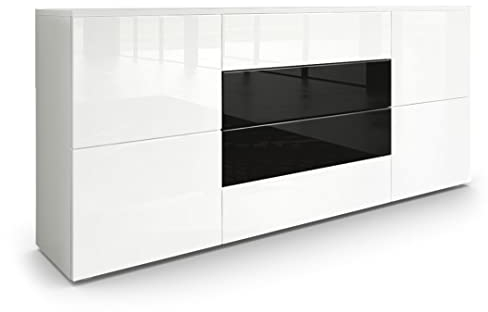 Vladon Buffet Rova, Commode avec 4 Portes et 4 tiroirs, Blanc Mat/Blanc Haute Brillance (166 x 72 x 35 cm)