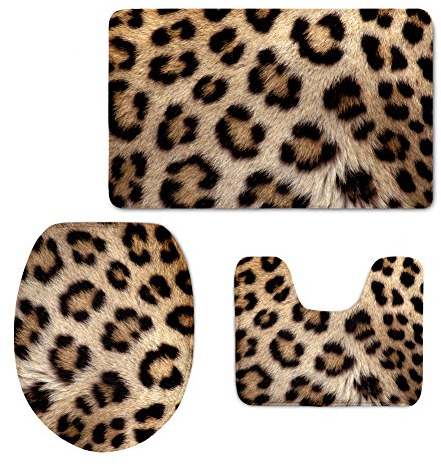 HUGS IDEA Sex-Leopardenmuster, weicher Flanell-Badezimmerteppich-Set, Konturteppich, WC-Deckelbezug, Badteppich, 3-teiliges Set