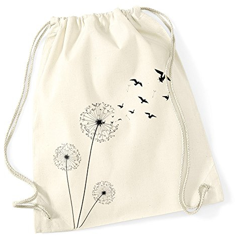 Autiga Turnbeutel Pusteblume Vögel Birds Hipster Beutel Tasche Jutebeutel Dandelion Gymsac Stringbag Drawstring Natur