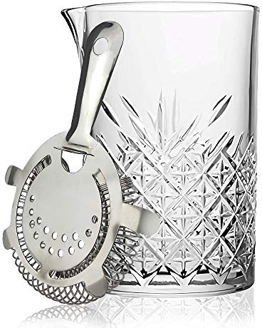 FLOW Barware 700 ml Cocktail Mixing Glass & Stainless Steel Hawthorne Strainer | Large Cocktail Mixing Jug Make 3 Cocktails in One | Stirring Glass & Silver Strainer