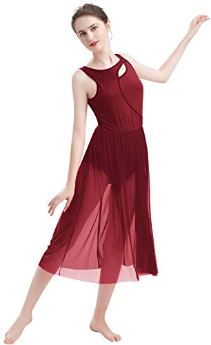 FYMNSI Damen Lyrisch Tanz Kleid Ärmellos Tüll Maxikleid Lyrische Modern Contemporary Tanzkostüm Trikot Latein Ballett Tüllkleider Ballettanzug Bühnenanzug Tanzkleidung Weinrot XS