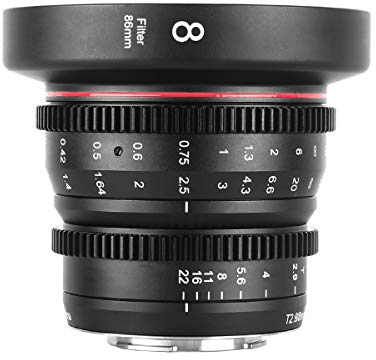Meike - Lente obiettivo cinematografica, grandangolare da 8 mm T2.9 Mini Fixed Prime, messa a fuoco manuale per fotocamere M43 Micro Four Thirds MFT BMPCC 4K Z CAM E1 E2 Black