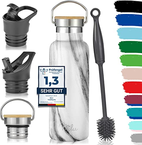 Milu Edelstahl Trinkflasche 500ml, 750ml, 1000ml (+3 Deckel) - Thermosflasche mit Strohhalm, Isolierte Wasserflasche, Auslaufsichere Isolierflasche doppelwandig, Kohlensäure geeignet (Marble, 500ml)