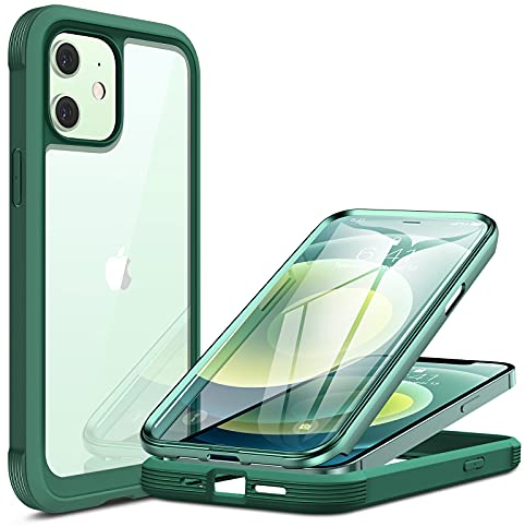 Miracase 360 Grad Hülle Kompatibel mit iPhone 12/12 Pro (6.1 Zoll), Ganzkörper Schutzhülle mit eingebauter Glas Displayschutzfolie, Stoßfeste Fullbody Handyhülle, Grün