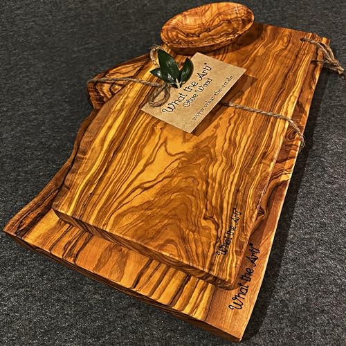 What the Art!® Olive Wood «Half Rustic Set» | 2 Olivenholz Schneidebretter + 2 Dip-Schälchen | Handarbeit | ca. 30 x 14-17 cm & 40 x 17-22 cm | Bretterset - Käsebrett - Servierbrett - Küchenset