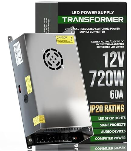 12V 60A 720W, DC Universal Regulated Switching Power Supply, Converter AC 110/240V to DC 12 Volt LED Driver, Transformer, Adapter for LED Strip Light, 3D Printer, Radio, Computer Project